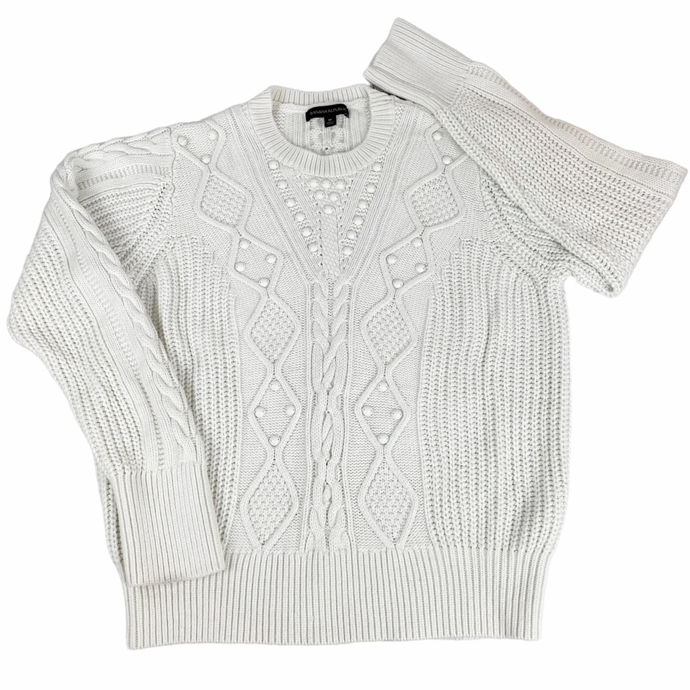 Banana Republic Cable Knit Pearl Wool Blend Ski Sweater Size Medium Cream